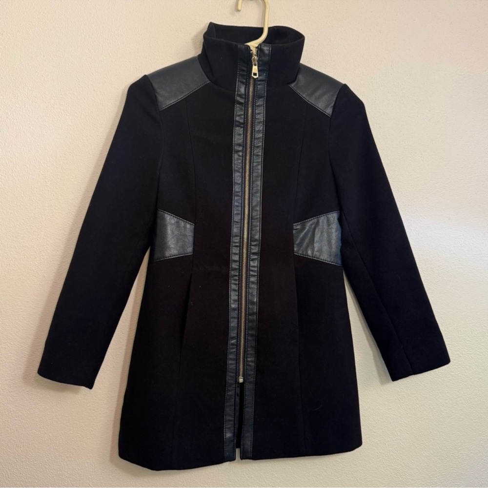 Rothschild Black Faux Leather Trim Pea Coat